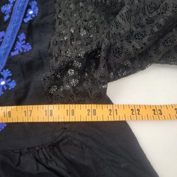 FREE PEOPLE Womens LARGE Shirt Blouse Boogie All Night Lace Black Blue - Picture 9 of 12